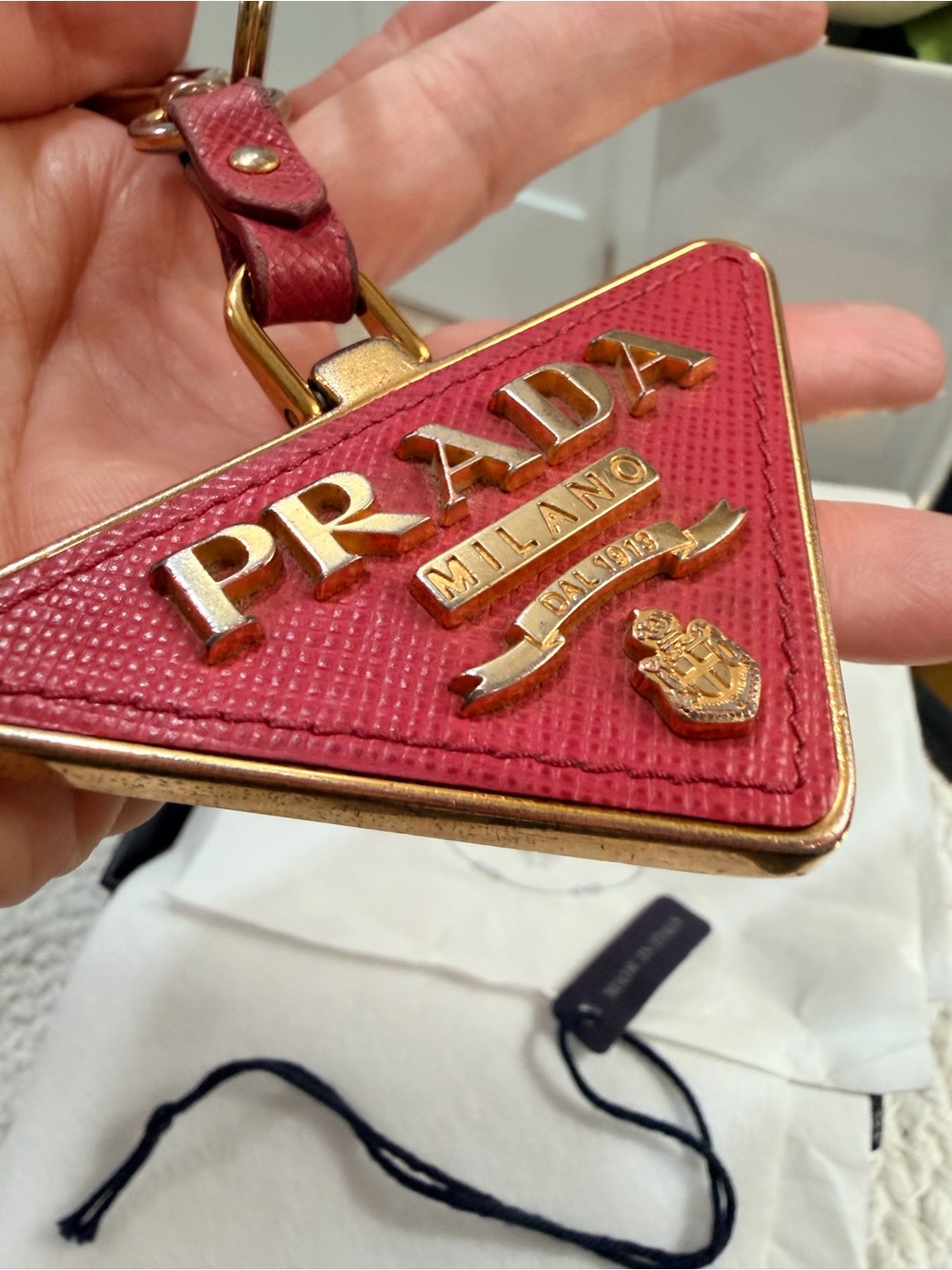 Prada Pink Saffiano Triangle Bag Charm with Gold Hardware & Box | PreLOVED